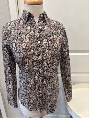 EUC J. Crew Black Floral Button-Down Shirt with Pink, Purple and Cream Accents